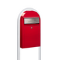 Bobi Grande Slim Front Access Red Mailbox with Stainless Steel Mail Slot and Round White Post Combo