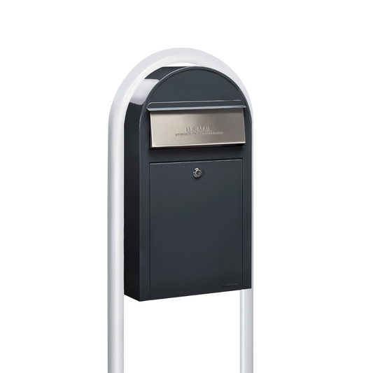 Bobi Grande Slim Front Access Grey Mailbox with Stainless Steel Mail Slot and Round White Post Combo