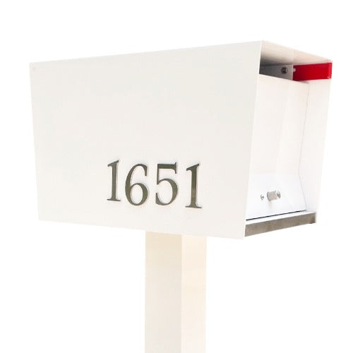Ted Stuff Quick-Ship Uptown Modern Post Mounted Mailbox in White and Black with Stainless Steel Stick on Numbers