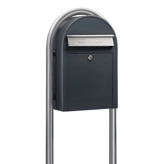 Bobi Classic Front Access Grey Mailbox with Stainless Steel Mail Slot and Round Zinc Post Combo