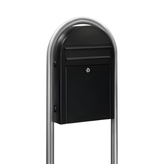 Bobi Classic Slim Front Access Modern Locking Black Mailbox and Round Zinc Post Combo