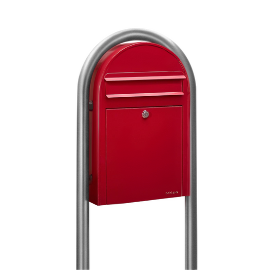 Bobi Classic Slim Front Access Modern Locking Red Mailbox and Round Zinc Post Combo